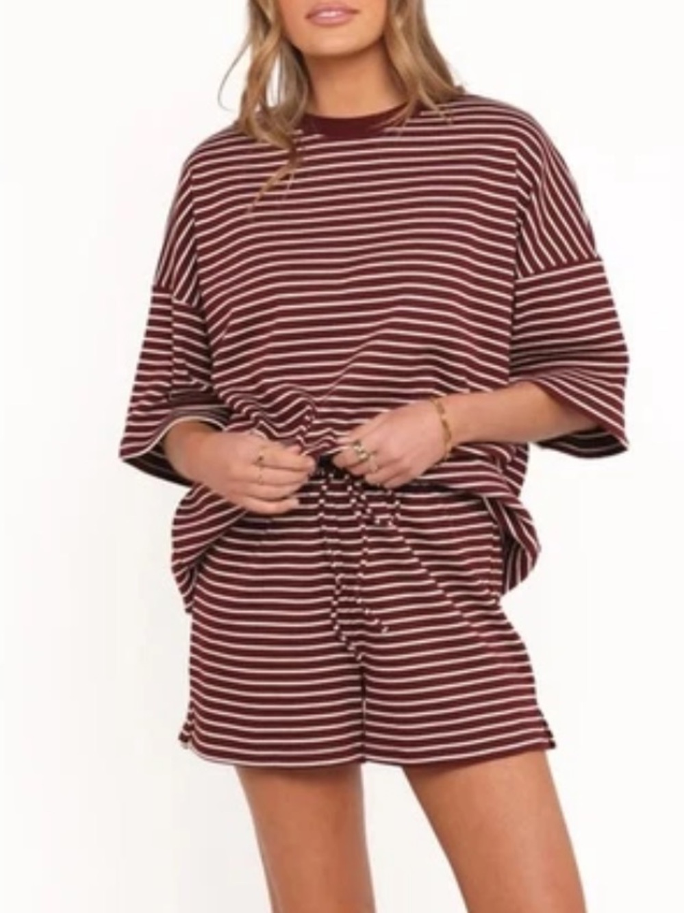 Petal & Pup Hellen Stripe Short Set Burgundy Cream Striped Print Lounge XL